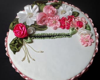 WEDDING Cake CARD Box Silk Ribbon Work Roses Rhinestones Pearls Pink and White Satin