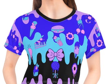 Kawaii Pastel Candy Drip Pattern Crop Tee
