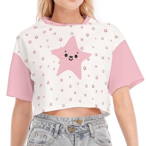 Kawaii Pink Stern T-Shirt für Frauen - Süßes Y2K Crop Top | 100% Baumwolle, 190 g/m²