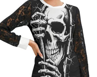 Women’s Gothic Skull Lace Top – Black Long Sleeve Skeleton Blouse