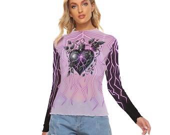 Haut gothique en résille éclair - Chemise transparente à manches longues avec motif coeur