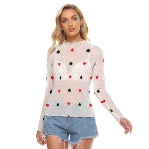 Maglietta a rete da donna Kawaii Heaven - Top a maniche lunghe trasparente con motivo a carte