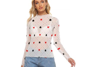 Kawaii Heaven Women's Mesh T-shirt - Card Suit Sheer Long Sleeve Top