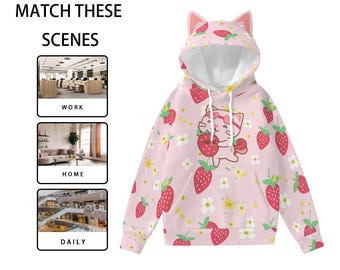 かわいいいちご猫パーカー：耳付きピンクのアニメプルオーバー - Etsy 日本