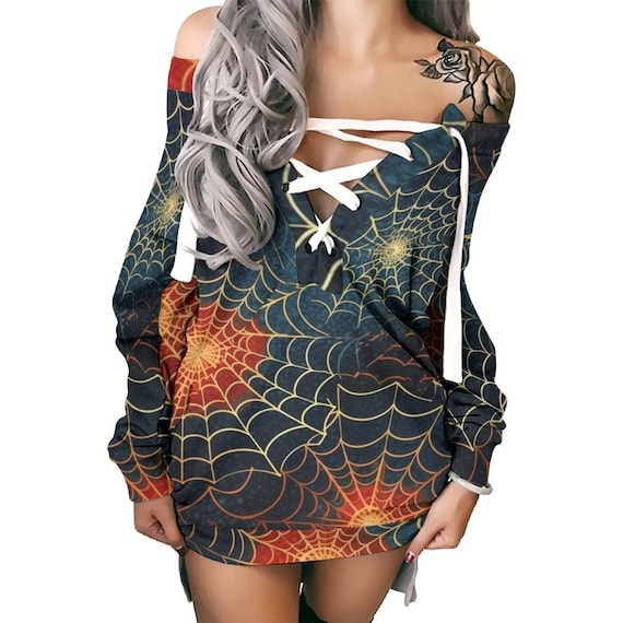 Women's Lace-up off Shoulder Long Sleeve Sweatshirt Dress With Spiderweb  Print - Etsy Israel