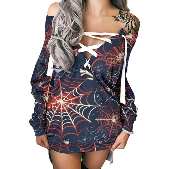 Women's Lace-up off Shoulder Long Sleeve Sweatshirt Dress With Red  Spiderweb Print - Etsy Israel