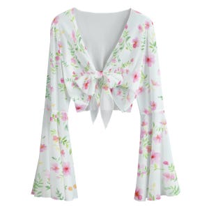 Kawaii Heaven Women&#39;s Mesh Lace-Up Bell Sleeve Blouse, Elegant & Chic Summer Look