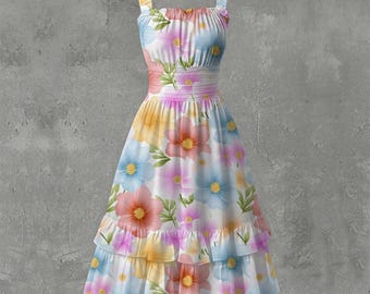 Floral Ruffle Summer Dress – Pastel Midi Dress with Ruched Bust