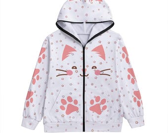 Kawaii Cat Paw Print Zip-Up Hoodie with Ears - White Anime-Inspired Pullover Sweatshirt for Unisex