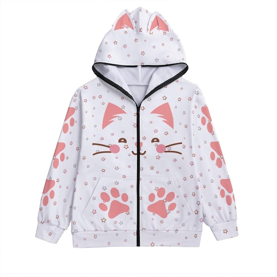 Kawaii Cat Paw Print Zip-up Hoodie With Ears - White Anime