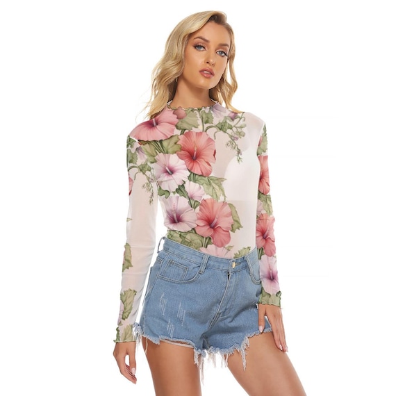 Women's Floral Mesh Long Sleeve T-shirt - Lightweight Sheer