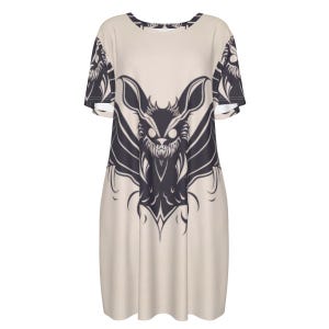 Goth Horror Halloween Dress with Demon Bat Print - Short Sleeve Waist Dress