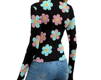 Women's Floral Mesh Long Sleeve Top – Black Stretchy Sheer Flower