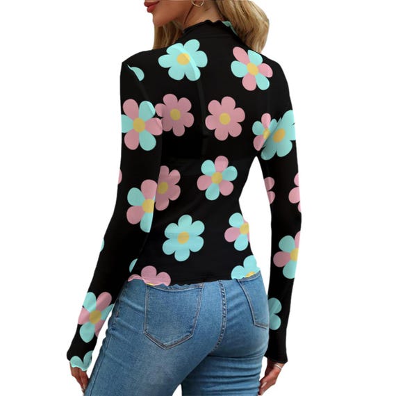 Women's Floral Mesh Long Sleeve Top – Black Stretchy Sheer Flower