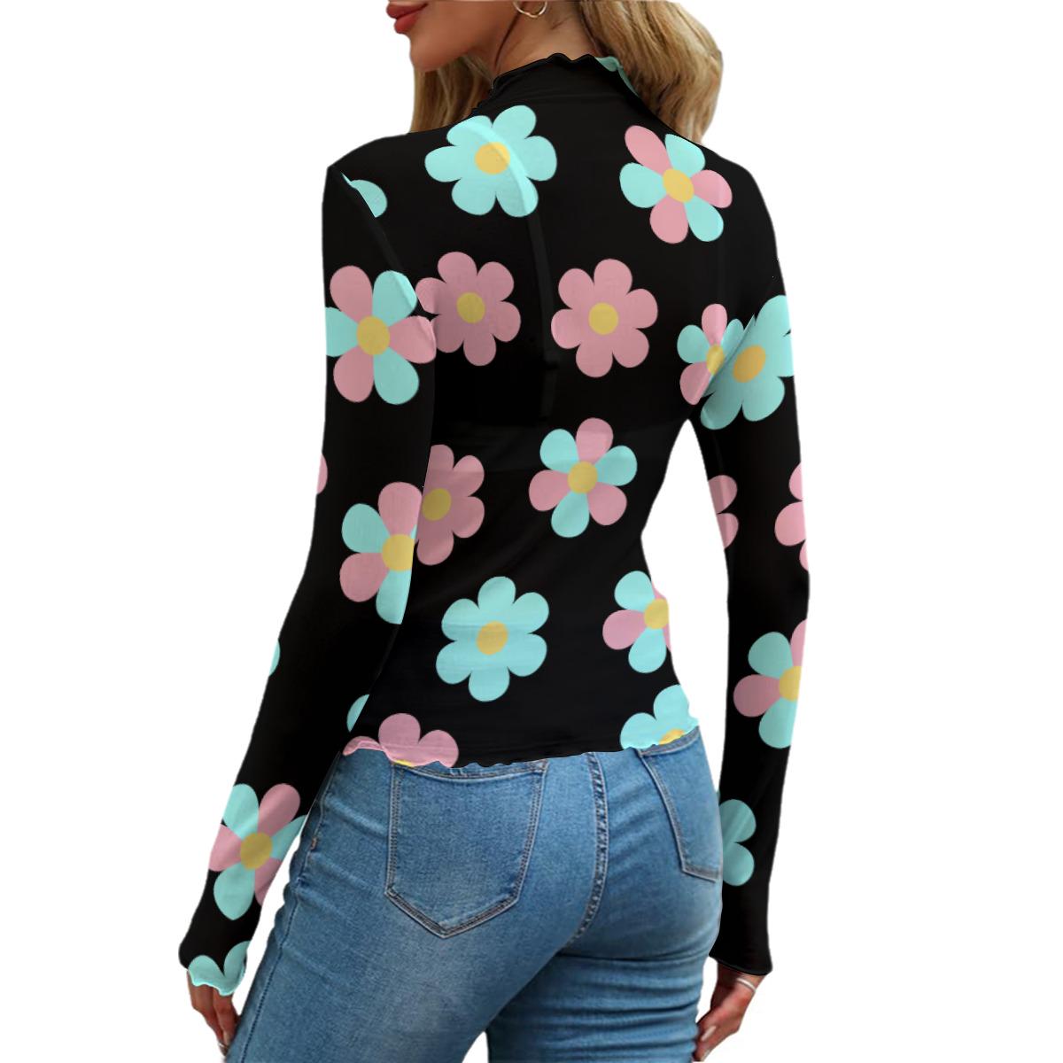 Women's Floral Mesh Long Sleeve Top – Black Stretchy Sheer Flower