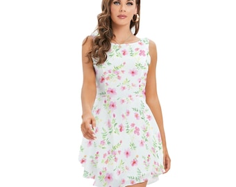 Women's Floral Sleeveless Summer Dress - White A-Line Casual Sundress with Pink Flower Print