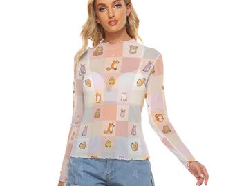 Camiseta de malla con estampado de animales kawaii para mujer, manga larga, transpirable y elegante.