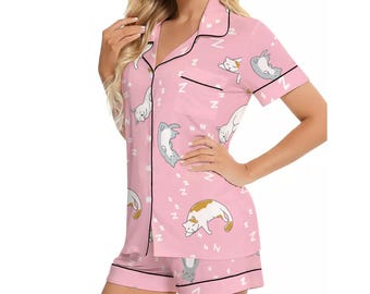 Kawaii Heaven Damska piżama z krótkim rękawem z imitacji jedwabiu zapewniająca wygodę latem