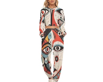 Women's Crop Sweatshirt Suit - Stylish Two-Piece for Casual & Workout