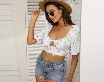 Croptop dames met pofmouwen | Blouse met vierkante hals en bloemenprint