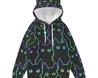 Sudadera con orejas de gato kawaii para mujer: jersey con estampado neón de gato y orejas decorativas