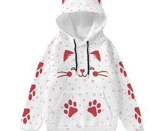 Kawaii Cat Ear Hoodie: Red Paw Print Design, Anime Style