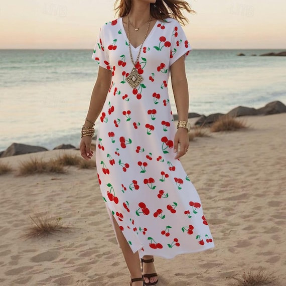 Cherry Print V-neck Maxi Dress With Side Slits  Soft Summer Dress - Etsy  New Zealand
