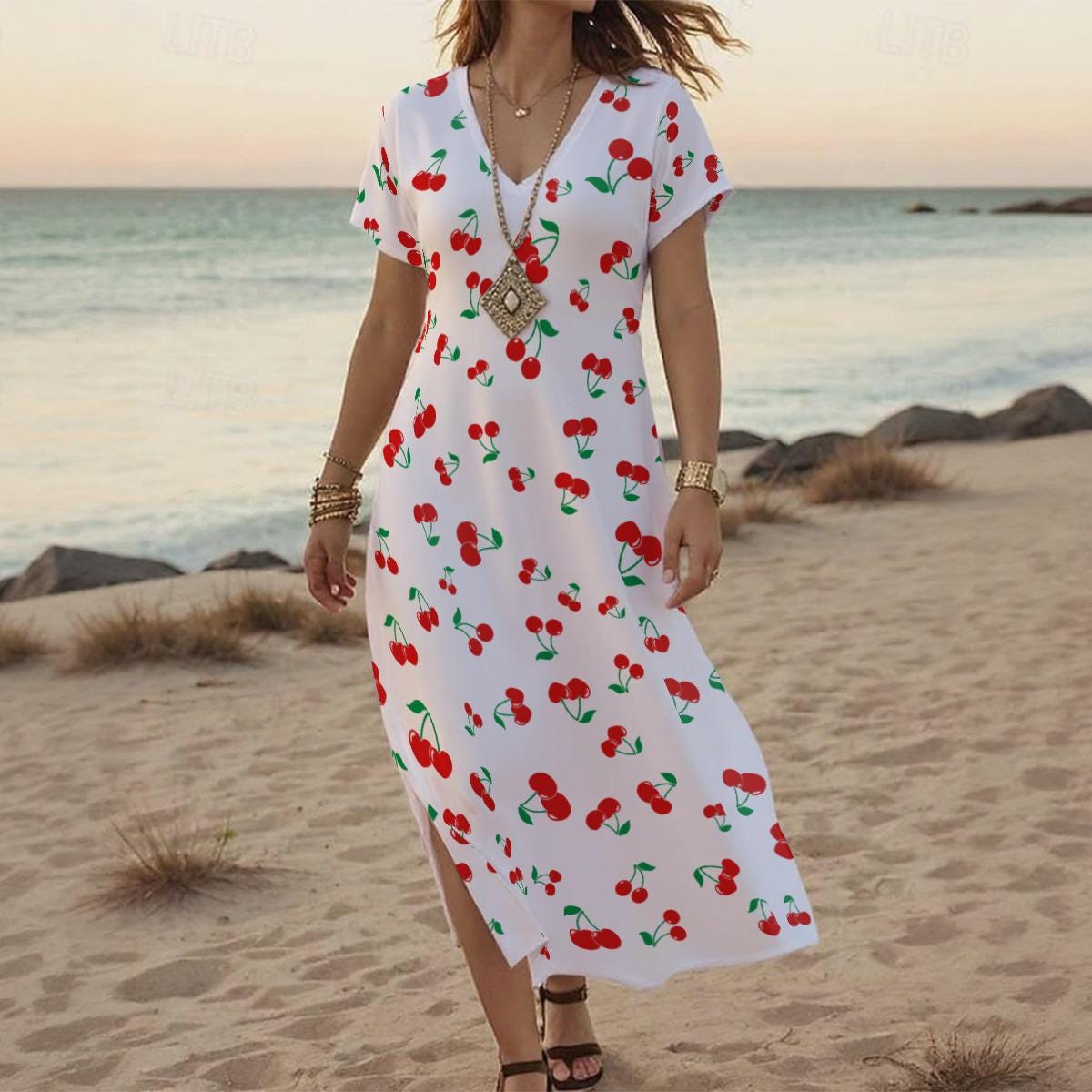 chinese dress ladies Plus Size Fruit Print Tiered Maxi Dress