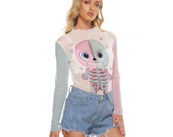 Damestop van doorschijnende mesh met lange mouwen en pastelkleurige kawaii-skeletprint
