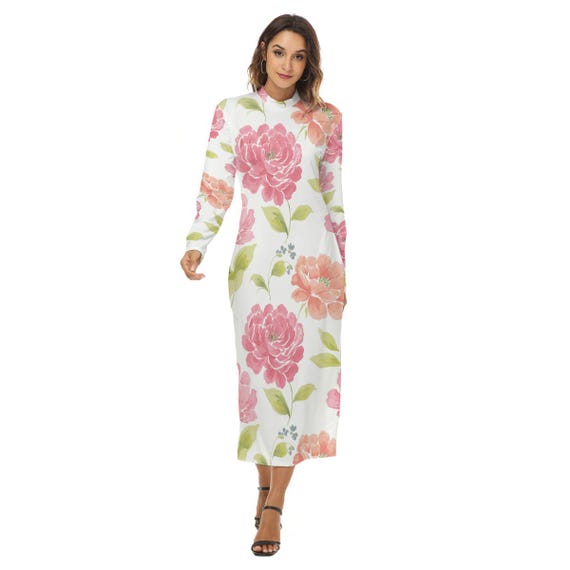 Floral Turtleneck Bodycon Maxi Dress - Zipper Front/Back Reversible Slim Fit Dress Floral Turtleneck Bodycon Maxi Dress - Zipper Front/Back Reversible Slim Fit Dress