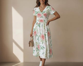 Vestido midi floral, vestido de verano con estampado de rosas, estilo jardín vintage