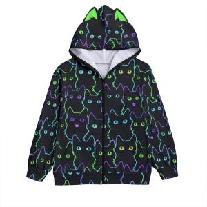 May include: A black zip-up hoodie featuring a repeating pattern of cat outlines in neon green and purple. The hood includes attached cat ears with neon green accents. The interior lining of the hood is white, and the garment has long sleeves.