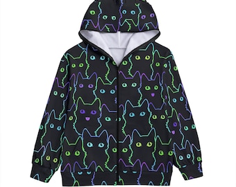 Neon Cat Print Zip-Up Hoodie with Cat Ears - Black Unisex Scuba Hooded Jacket