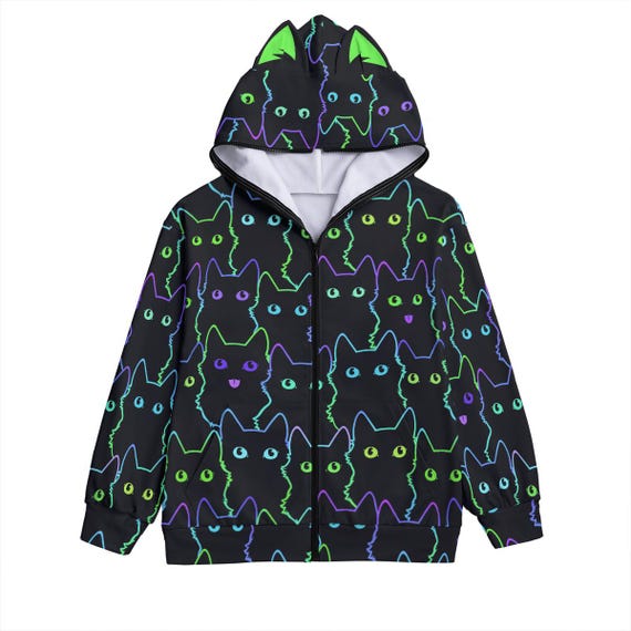 Neon Cat Print Zip-up Hoodie With Cat Ears - Black Unisex Scuba