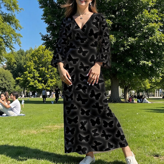 Women's Black Butterfly Maxi Dress | Elegant Long Sleeve Milk Silk Dress
