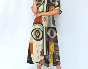 Abstract Art Print Midi Dress | Women’s Elastic Waist Casual Summer Dress
