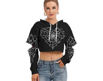 Kawaii Heaven, sweat à capuche gothique en toile d'araignée pour femmes, coeur, polaire court avec manches évidées