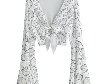 Floral Mesh Tie-Front Crop Top, lange Glockenärmel Boho Bluse