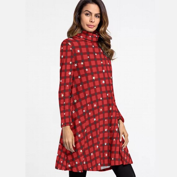 plaid print a line dress Black & White Plaid Linen A-Line Dress - Pleated Square Neckline 3479