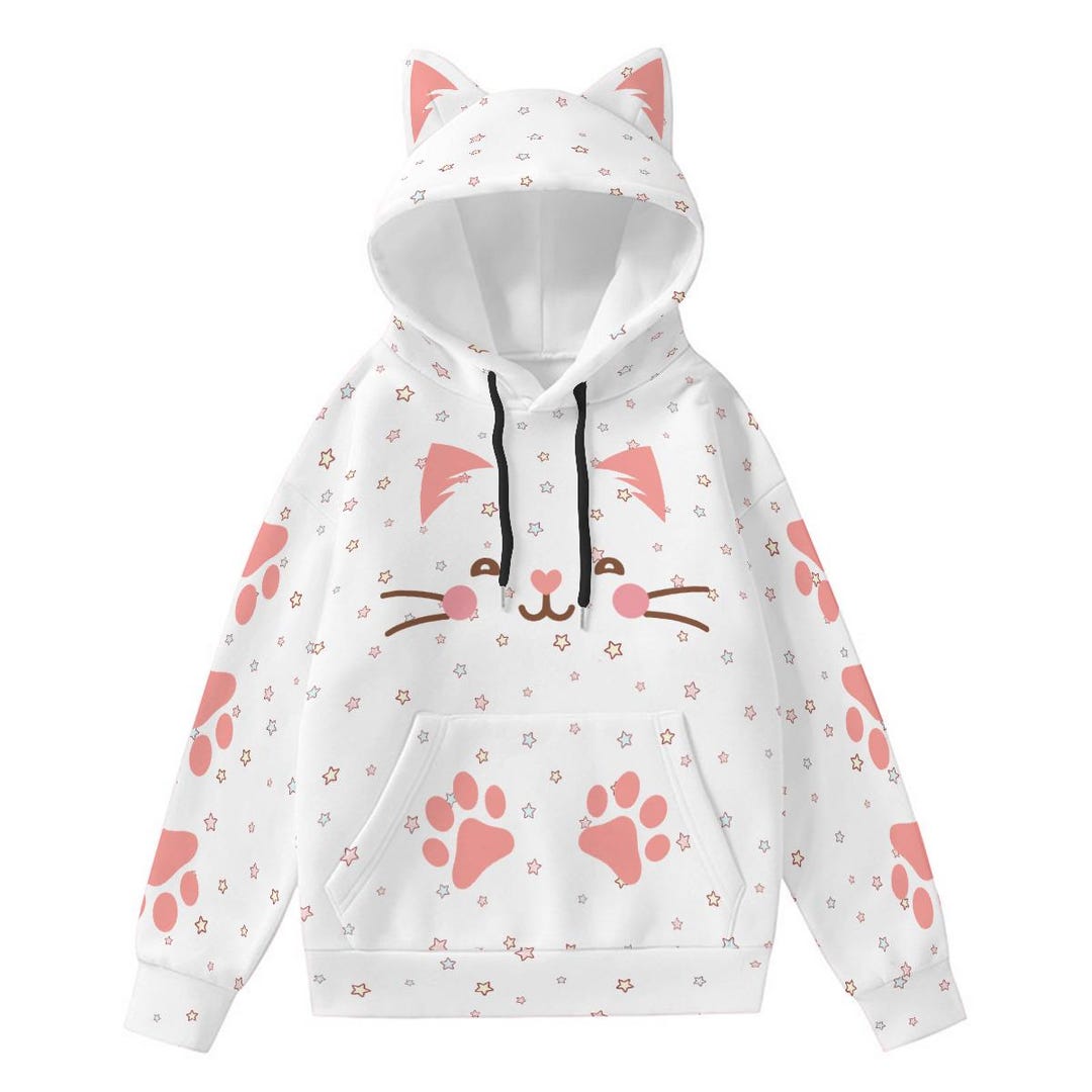 Kawaii Cat Ear Hoodie: Pink Paw Print Design - Etsy