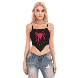 Y2K Spider Print Cami Top: Handkerchief Hem Spaghetti Strap Tank