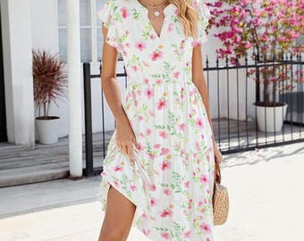 Floral Print Midi Dress: V-Neck Summer Beach Outfit with Pockets