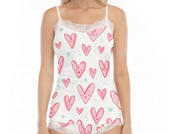 Kawaii Heaven Women's Heart Print Lace Trim Pajama Set - Sexy & Fashionable