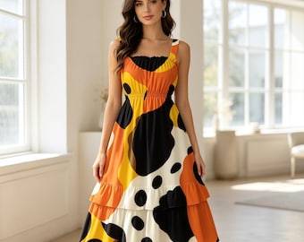 Tropical Polka Dot Ruffle Hem Midi Dress: Sleeveless A-Line Summer Party