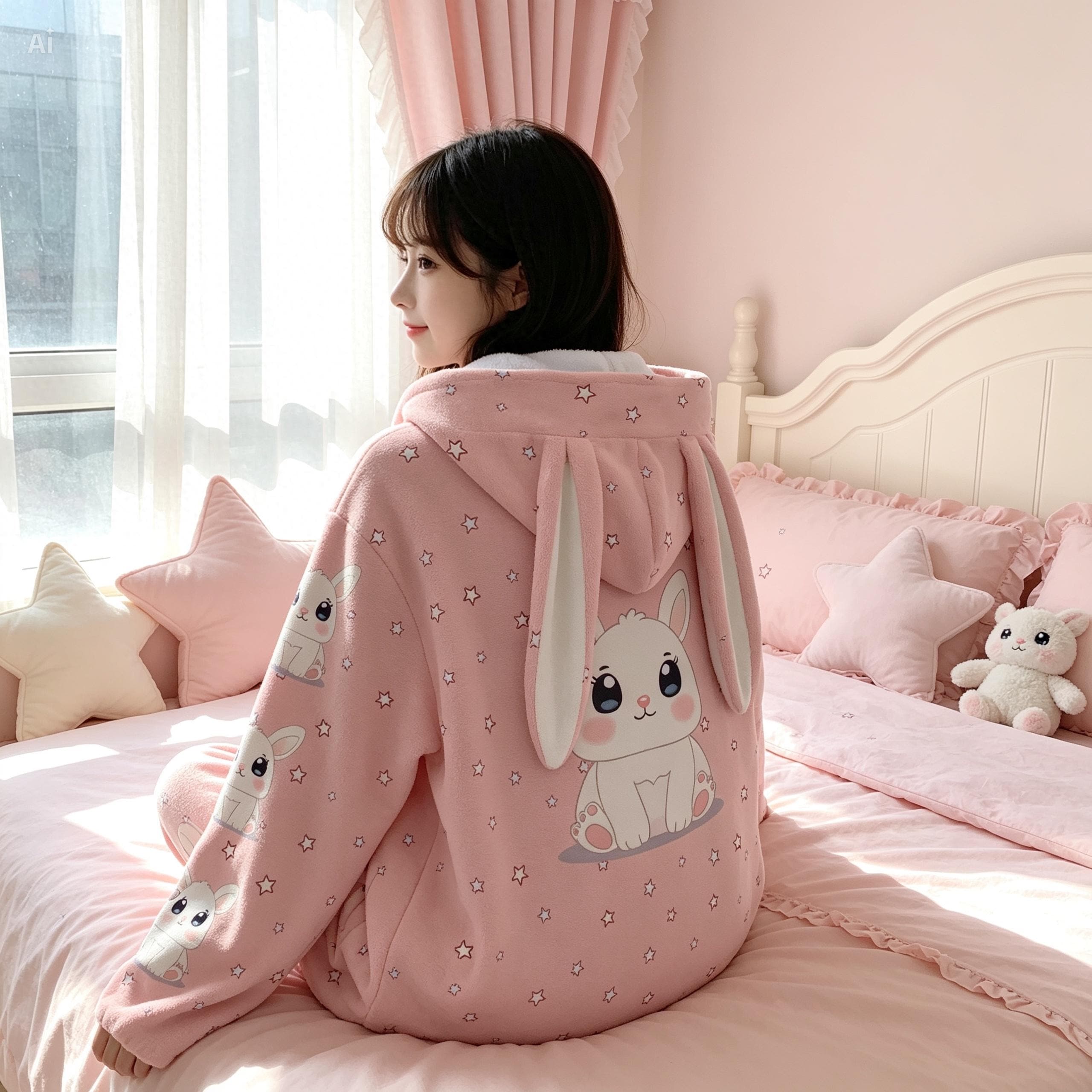 かわいいうさぎ耳パーカー – ピンクのフリースジップアップジャケット 