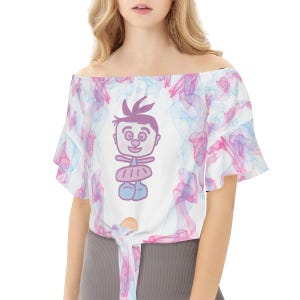 Cartoon Ballerina Vibe One-Shoulder Top – Women's Tie Sleeve T-Shirt | Soft & Breathable Polyester
