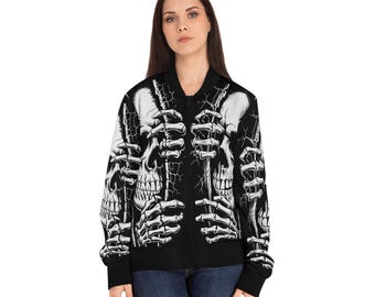 Gothic Skull Print Bomber Jacket: Edgy Punk Outerwear