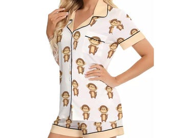 Kawaii Heaven Women's Short Sleeve Monkey Print Pajama Set in Imitation Silk
