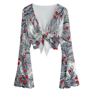 Botanical Print Tie Front Blouse with Bell Sleeves - Boho Chic Mesh Crop Top for Women