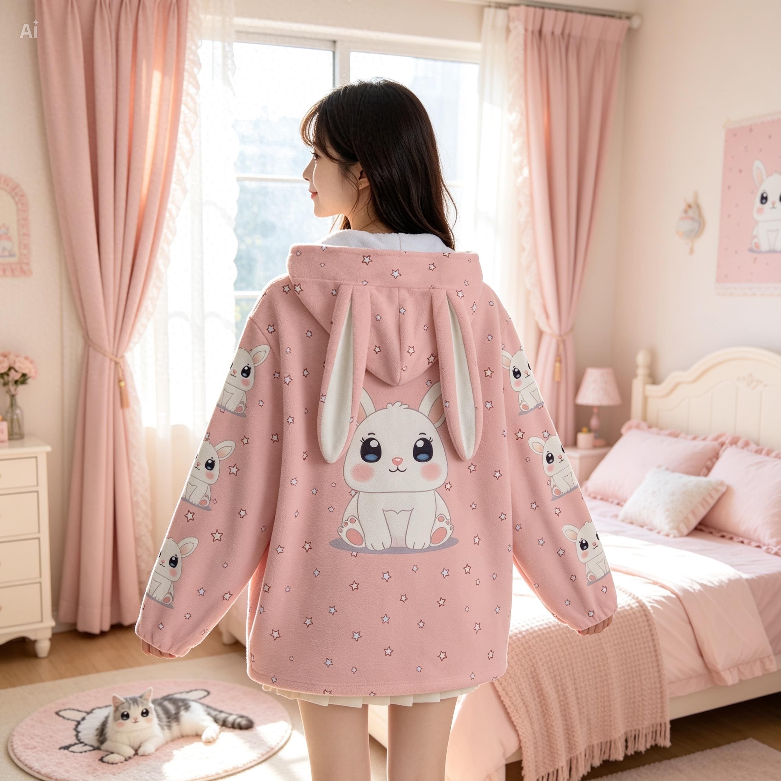 かわいいうさぎ耳パーカー – ピンクのフリースジップアップジャケット